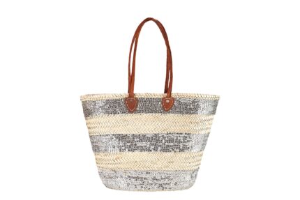 Straw bag with sequins and leather handles