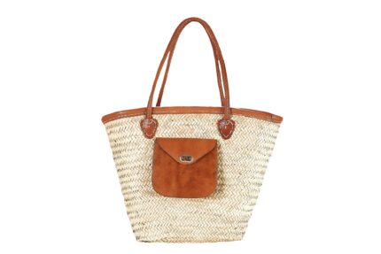 Straw bag with front pocket and leather handles