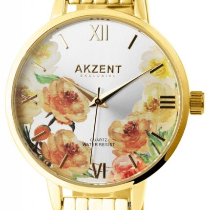 Akzent Exclusive Damenarmbanduhr mit Metallband und floralem Zifferblatt
