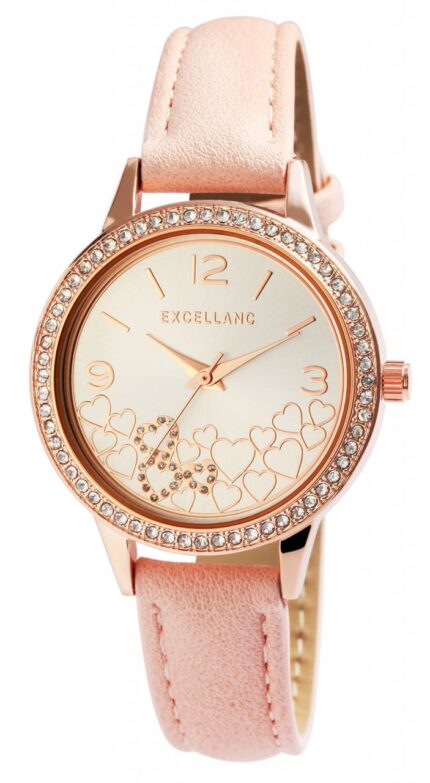 Excellanc Damenarmbanduhr mit Lederimitationsarmband, Similibesatz