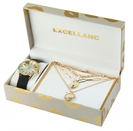 Excellanc Geschenkset mit Damenarmbanduhr und drei Ketten, bunter Similibesatz