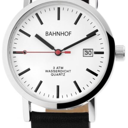 Bahnhof Herrenuhr mit Lederimitationsarmband, Datumsanzeige