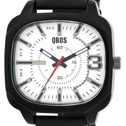 QBOS Herrenuhr, Lederimitat Armband, Metall, schwarzes Gehäuse