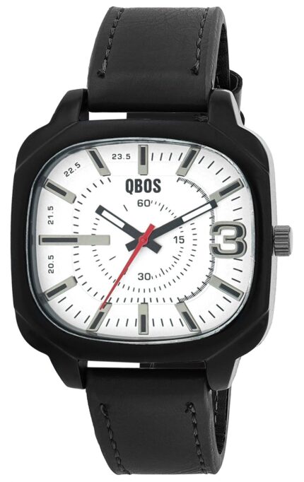 QBOS Herrenuhr, Lederimitat Armband, Metall, schwarzes Gehäuse