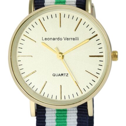 Leonardo Verrelli Unisexuhr mit Textilarmband, blau weiß grün goldfarbig