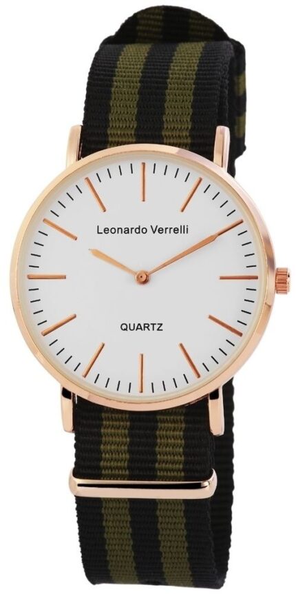 Leonardo Verrelli Unisexuhr mit Textilarmband, schwarz grün roségoldfarbig