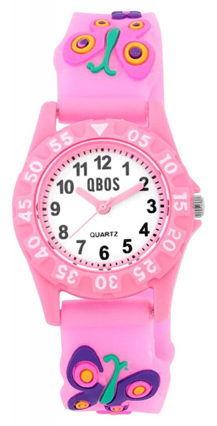 Qbos Kinderuhr mit Silikonband, bunt, Motiv Schmetterling, Ø 28 mm