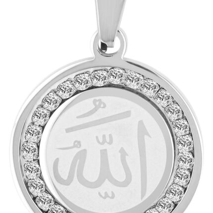 Akzent Anhänger mit Aufschrift "Allah", Edelstahl, Similibesatz, rund, Ø 25 mm