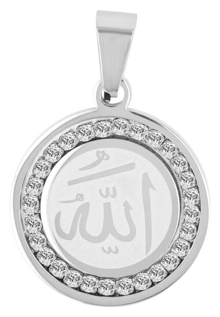 Akzent Anhänger mit Aufschrift "Allah", Edelstahl, Similibesatz, rund, Ø 25 mm
