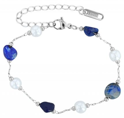 Edelstahl Armband "Marga"mit Süßwasserperlen und Lapis Lazuli Steinen, 16,5 +...