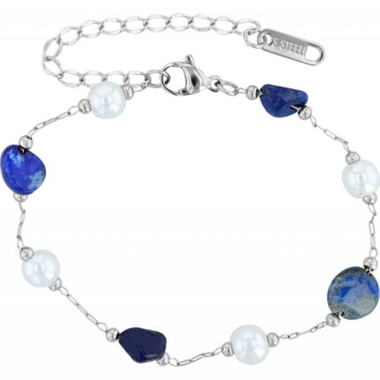 Edelstahl Armband "Marga"mit Süßwasserperlen und Lapis Lazuli Steinen, 16,5 +...