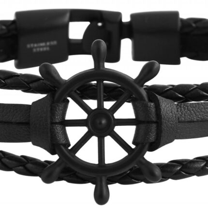 Akzent Echtlederarmband, vierreihig, mit Edelstahlelement Steuerrad, schwarz