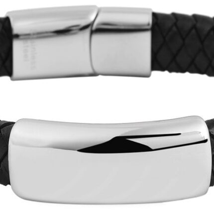 Akzent geflochtenes Echtlederarmband mit Edelstahlgravurplatte