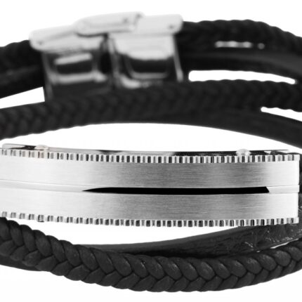 Akzent Echtleder-Wickelarmband mit Edelstahlelement, schwarz/silberfarben