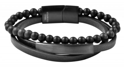 Akzent Armband aus Lederimitation mit Onyxkugeln, schwarz