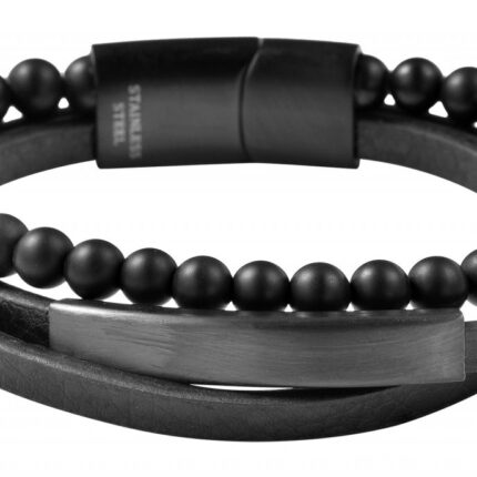 Akzent Armband aus Lederimitation mit Onyxkugeln, schwarz