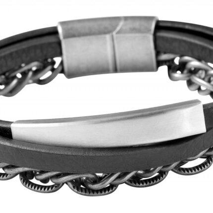 Akzent Armband aus Lederimitation mit Kettenelement und Identplatte, schwarz