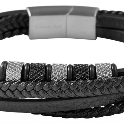 Akzent Armband aus Lederimitat mit Edelstahlelementen, schwarz/silberfarben