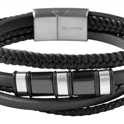 Akzent Armband aus Lederimitat mit Edelstahlelementen, schwarz/silberfarben