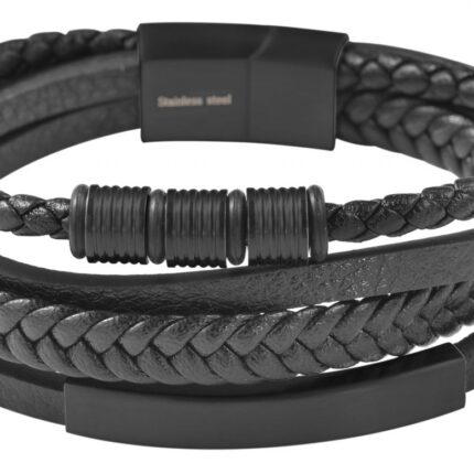Akzent Armband aus Lederimitation mit Edelstahlelementen, gravurfähig, schwarz