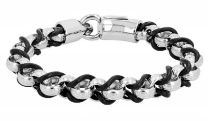 Akzent Armband aus 316L Edelstahl und Leder, silberfarben/schwarz