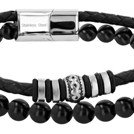 Akzent Armband aus Leder und Onyx Perlen + Edelstahlelemente