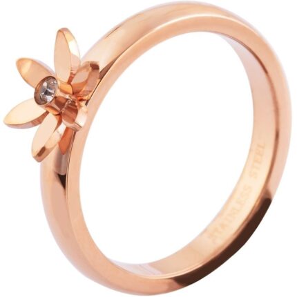 Akzent Damenring aus Edelstahl, floraler Ringkopf, roségoldfarben