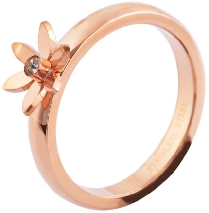 Akzent Damenring aus Edelstahl, floraler Ringkopf, roségoldfarben