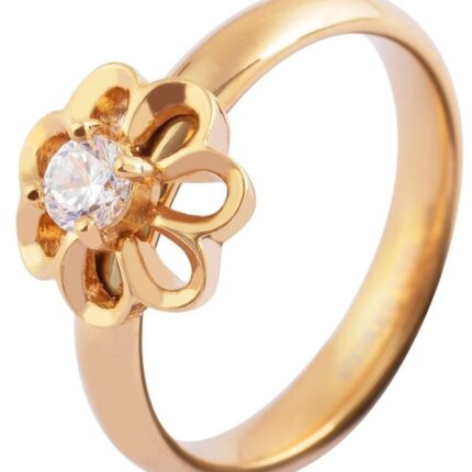 Akzent Damenring aus Edelstahl, floraler Ringkopf, goldfarben