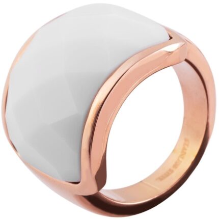 Akzent Edelstahlring für Damen, weißer Glasstein, roségoldfarben