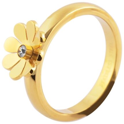 Akzent Edelstahlring für Damen, Ringkopf Blume, ionenplattiert, goldfarben