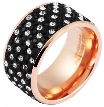Akzent Ring für Damen, Edelstahl, schwarzer & weißer Similibesatz, roségoldfa...
