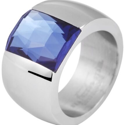 Akzent Damenring aus Edelstahl, blauer Glasstein, silberfarben