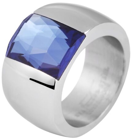 Akzent Damenring aus Edelstahl, blauer Glasstein, silberfarben