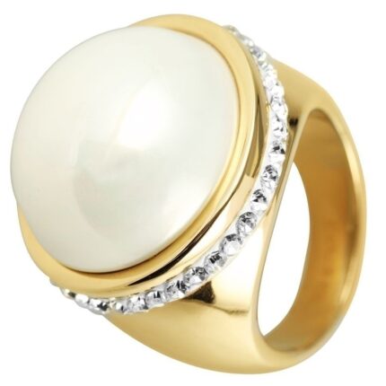 Akzent Edelstahlring für Damen, weißer Besatz, goldfarben