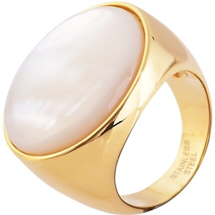 Akzent Edelstahlring für Damen, Perlmuttbesatz, goldfarben