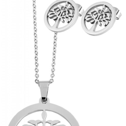 Akzent Edelstahl Schmuckset, Lebensbaum Kette + Ohrstecker, 45+5 cm