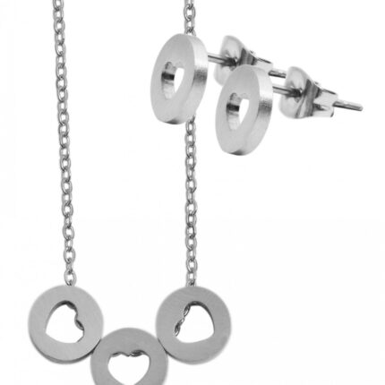 Akzent Edelstahl Schmuckset Kette + Ohrstecker, Kreis/ Herz, matt