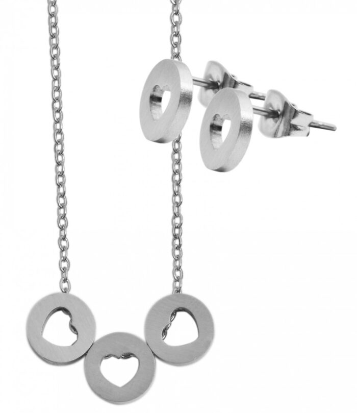 Akzent Edelstahl Schmuckset Kette + Ohrstecker, Kreis/ Herz, matt - Image 1