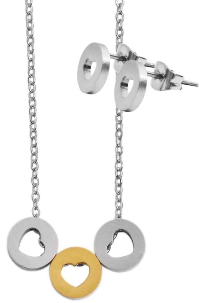Akzent Edelstahl Schmuckset Kette + Ohrstecker, Kreis/ Herz, matt - Image 5