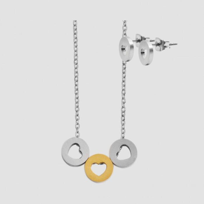 Akzent Edelstahl Schmuckset Kette + Ohrstecker, Kreis/ Herz, matt - Image 8