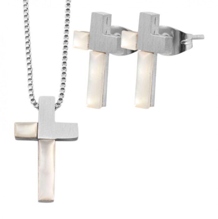 Akzent Edelstahl Schmuckset mit Kette und Ohrringen, Kreuz, silberfarbig - Image 1