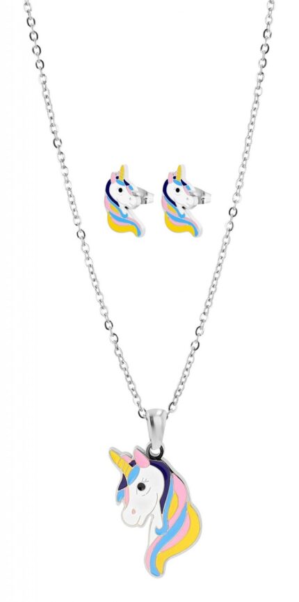 Akzent Einhorn-Schmuckset "Amara", Edelstahl, Kette & Ohrstecker