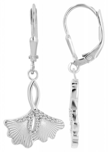 925/- Echt Silber Ohranhänger "Mariken" Ginkgoblatt mit Zirkoniabesatz