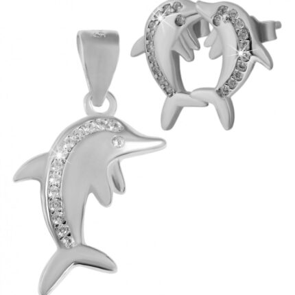 Silber Schmuck-Set, Anhänger, Ohrstecker Delphin mit weisen Zirkonia, 925/rho...