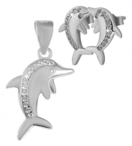 Silber Schmuck-Set, Anhänger, Ohrstecker Delphin mit weisen Zirkonia, 925/rho...