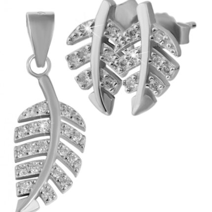 925/- Echt Silber Schmuck Set "Dobra" Anhänger & Ohrstecker im Blatt Desgin w...