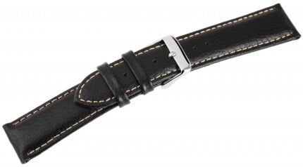 Echtleder Uhrenarmband, schwarz mit weißer Naht, 18 mm - 24 mm