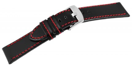 Echtleder-Uhrenarmband, schwarz, rote Naht, 18 mm - 24 mm
