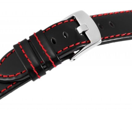 Echtleder-Uhrenarmband, schwarz, rote Naht, 18 mm - 24 mm